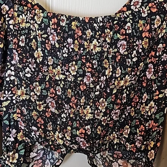 Elodie Floral Black Yellow Pink Elasticized Off Shoulder Rucshed Side Tie Top S - Picture 11 of 13